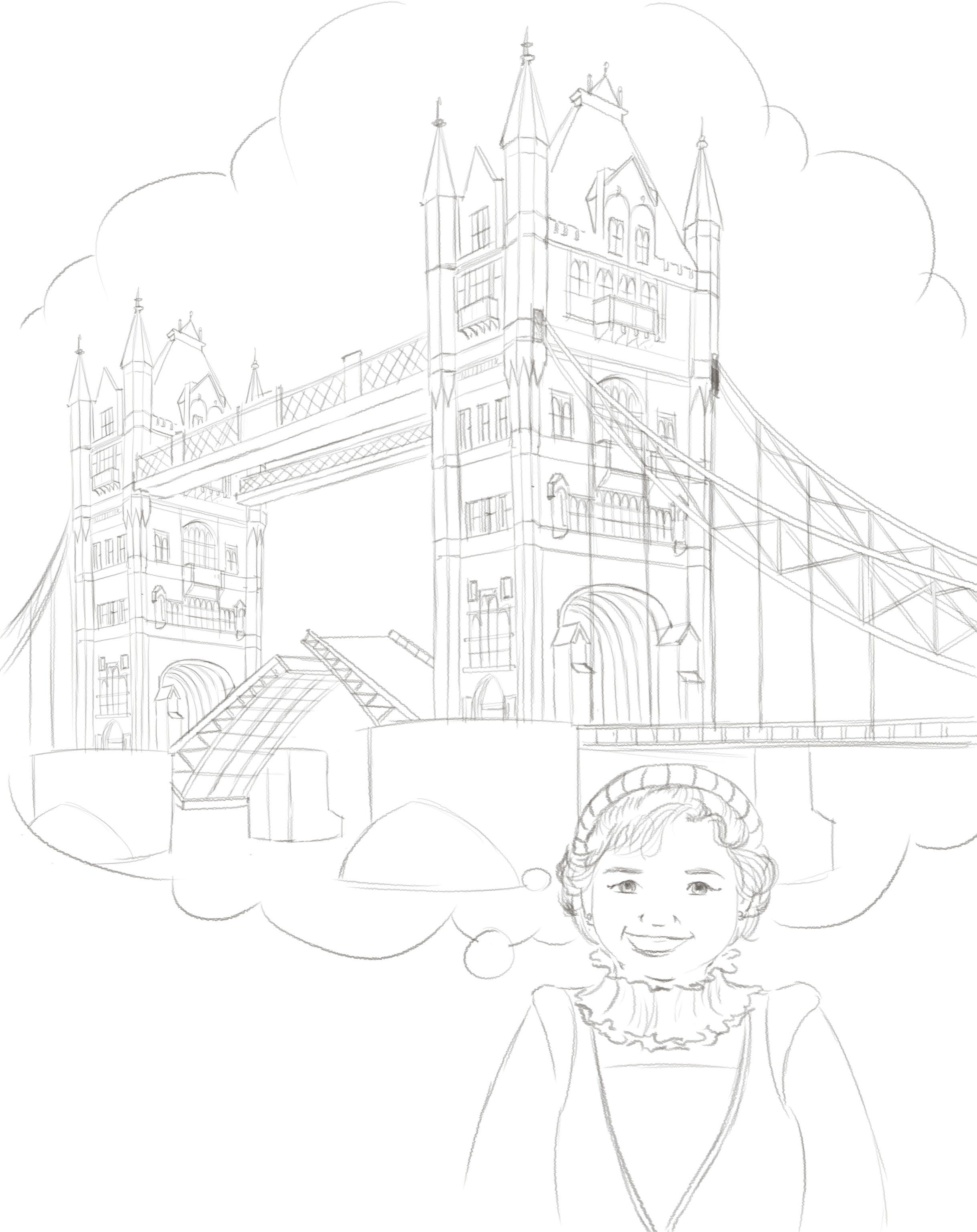 Refined black and white line art of Tower Bridge inside a thought bubble, from 'A Globe Within a Globe'.